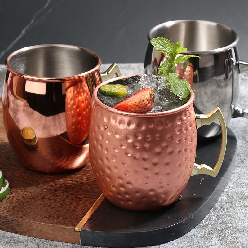 Trio of Stainless Steel Moscow Mule Mugs on a platter - The Stainless Sipper